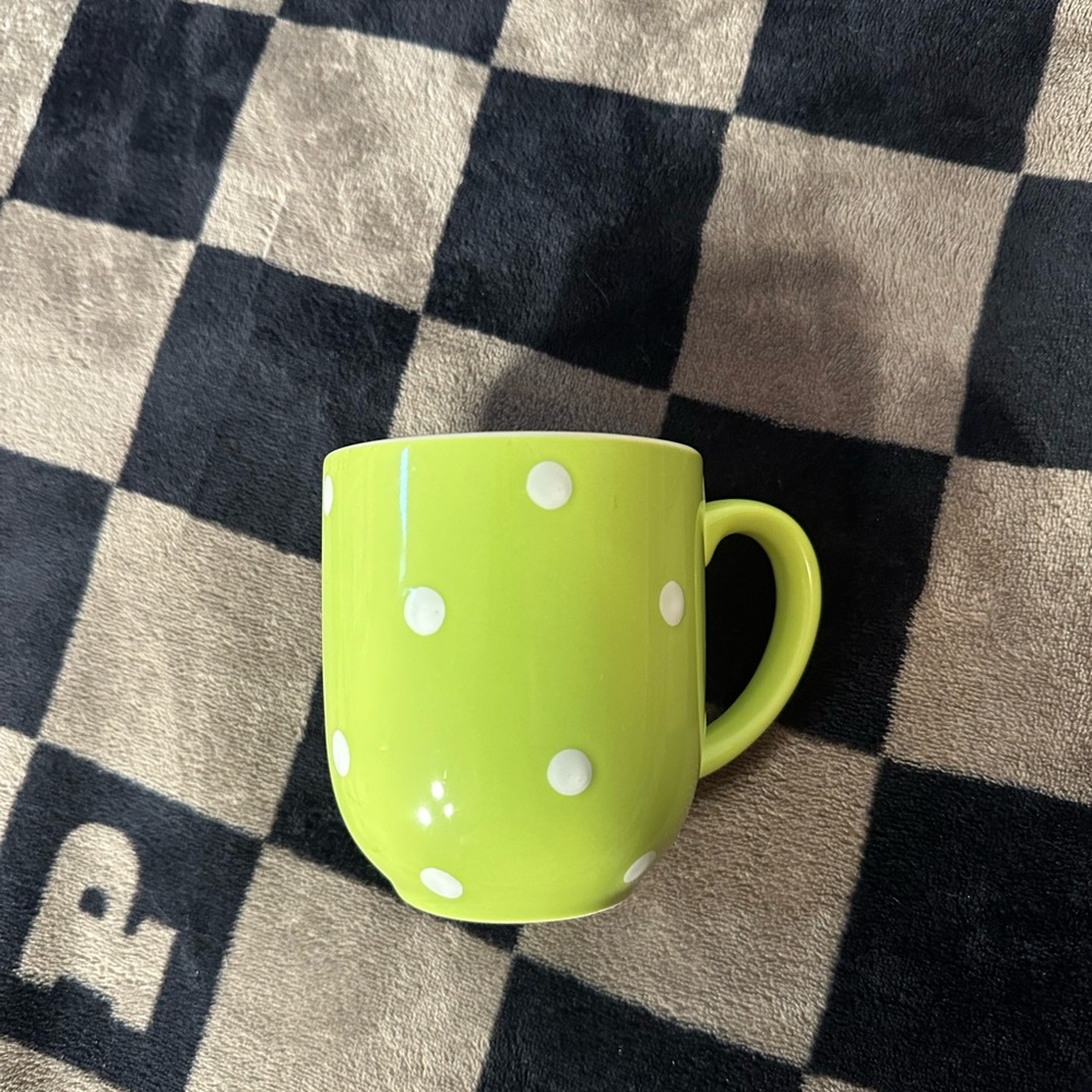 Green and white polka dot glass mug / cup